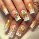 24pcs Plaid Pattern Nail Shimmery Gold Sequins Bowknots Designs False Nail With Press On Nail