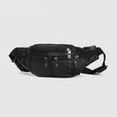 Black leather waist bag with multiple zippers on a light gray background, Obroi