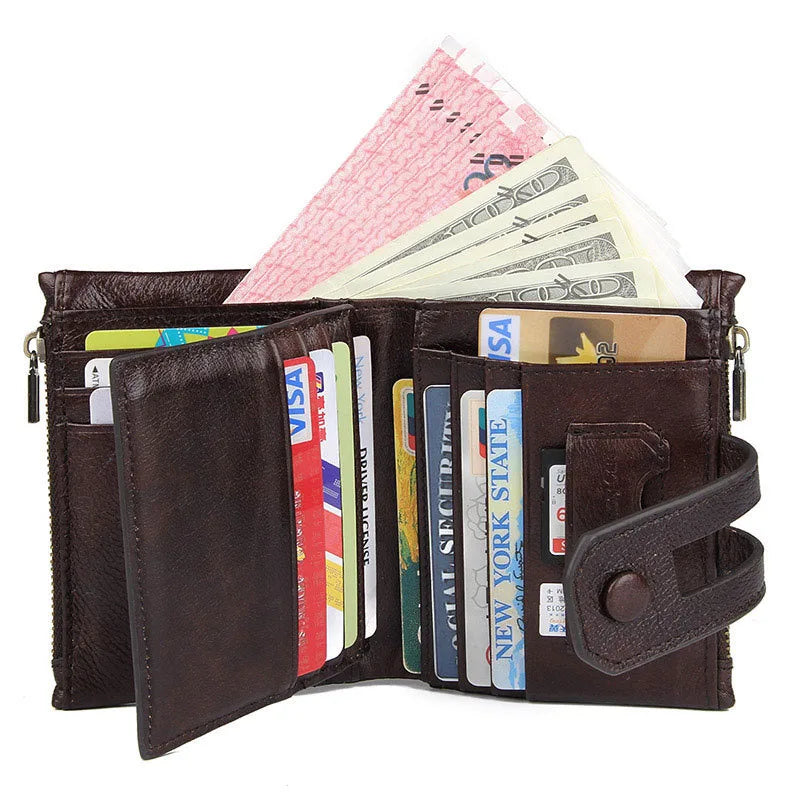 Leather Purse Men Clutch Wallet Double Zipper Card Holders Vintage Genuine Leather Coin pocket Short Wallet