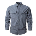 Gray button-up shirt with long sleeves on a white background, Obroi