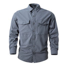 Gray button-up shirt with long sleeves on a white background, Obroi