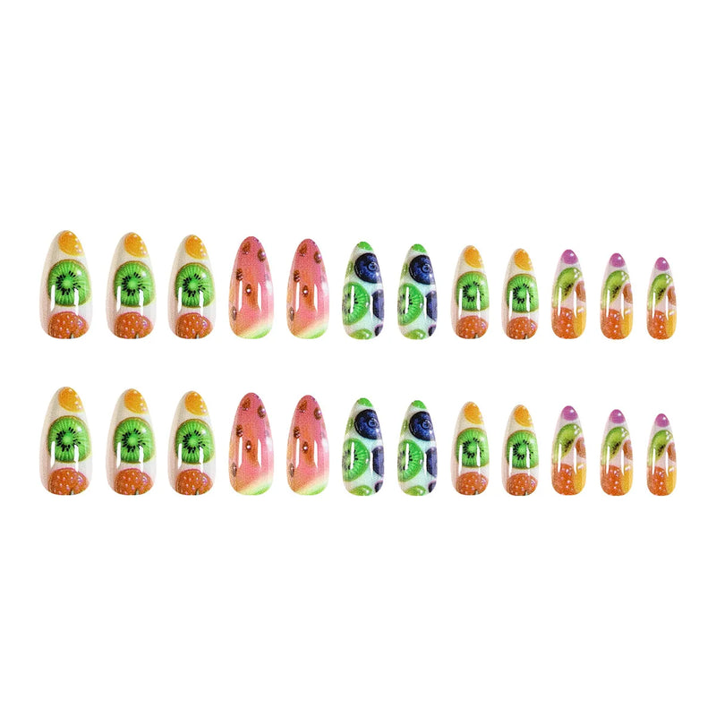 24pcs Fruit Press On Nails Summer Dopamine Almond False Nails Full Cover Charming Fake Nail DIY Manicure Art