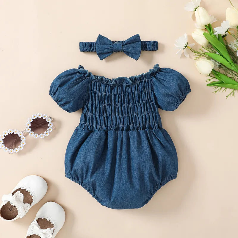 Baby Girl Casual Bodysuit Short Sleeve Off Shoulder Pleated Short Denim Jumpsuit Head Band