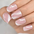 Nails with pink and white marbled design on a neutral background, Obroi