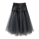 Loose Oversized Womens Dark Denim Splicing Half Skirt Summer A Line Mesh Half Shag Skirt Female Casual High-Waisted Denim Skirts