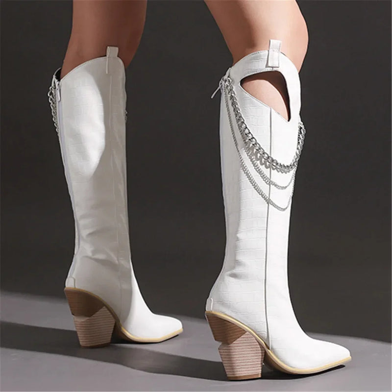 Knee High Boots Women Wedges Western Boots Ladies Chain Pointed Toe Autumn Winter Long Boots