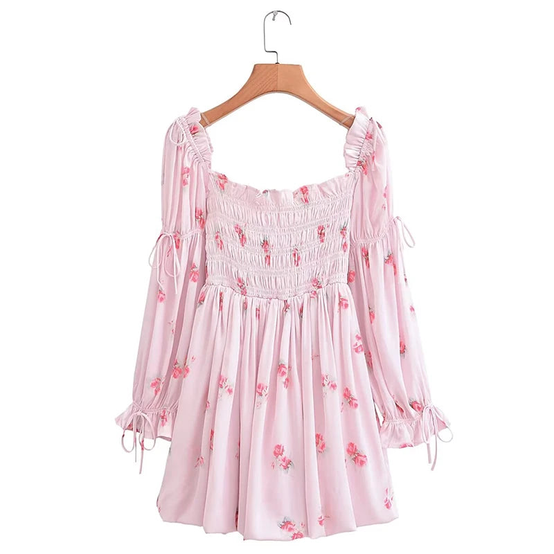 Sweet Pink Floral Off Shoulder Dress Women Long Sleeve Holiday Party Mini Dresses Princess Fairy