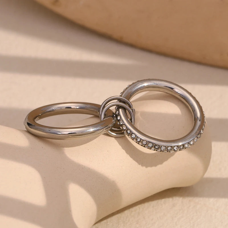 Stainless Steel White Cubic Zirconia Inlaid Double Layer Ring Waterproof Jewelry Gifts