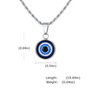 Evil eye pendant necklace with measurements on a white background, Obroi