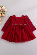Baby Girls Burgundy Lace Tulle Dress Pearl Waist Princess Gown For Birthday Wedding Holiday Party