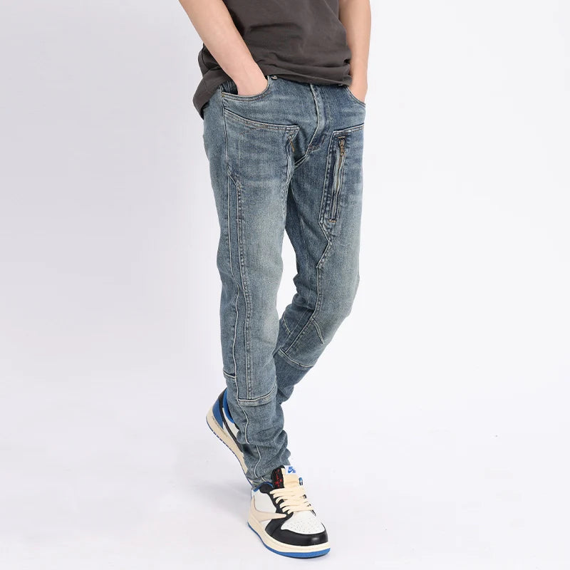 Men Jeans Retro Light Blue Elastic Slim Fit Spliced Biker Jeans Men Zipper Designer Hip Hop Pants