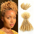 A split image showing a woman with curly blonde hair extensions styled on the left, and loose bundles of the same curly hair extensions displayed on a white background on the right, including a circular close-up inset, Obroi