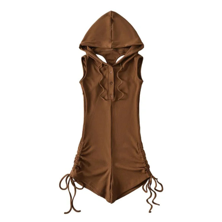 Sleeveless Jumpsuit Shorts Women Spring Summer Slim Fit Drawstring Shorts Hooded Playsuit