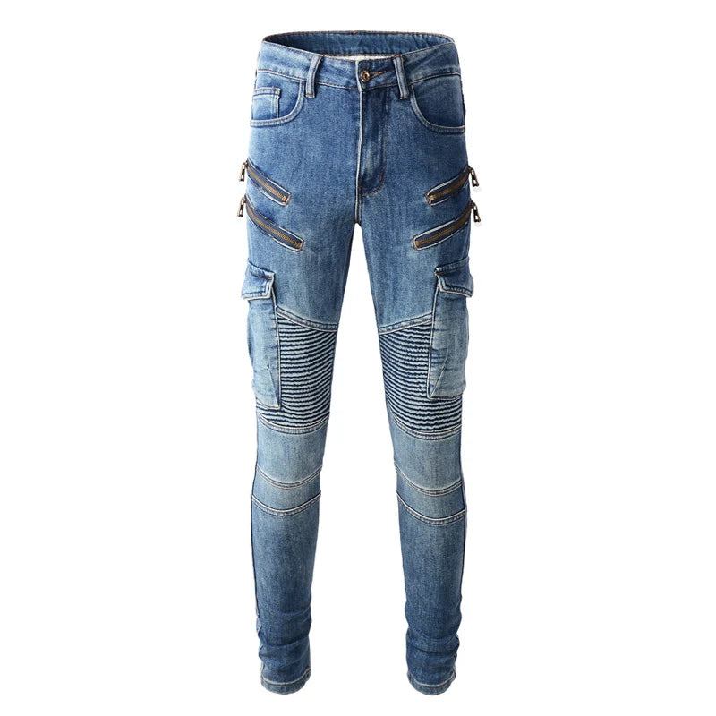 Men Jeans Retro Blue Spliced Patched Elastic Slim Fit Biker Jeans Men Zipper Designer Cargo Pants