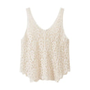 An off-white crochet knit tank top with a V-neckline and wide straps, displayed against a solid white background, Obroi