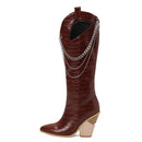 Knee High Boots Women Wedges Western Boots Ladies Chain Pointed Toe Autumn Winter Long Boots