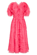 Coral Red Flower Tiered Mid Calf Women Maxi Dresses Modest Formal Party Dress  Floral Female Gowns