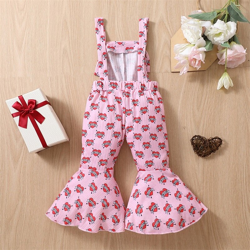 Toddler Kid Baby Girls Valentine Day Casual Jumpsuit Pink Sleeveless Heart Suspender Flared Pants Outfit