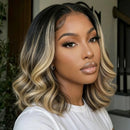 7x5 Lace Black With Blonde Highlights Face-framing Layers Wavy Bob Human Hair Wig