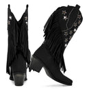 Women Pointed Toe Pull-on Knee High Fringe Cowgirl Boots Comfy Pull On Rhinestone Mid Calf Western Boots