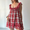 Ruffle Edge Holiday Mini Dresses Beach Dress Plaid Loose Women's Short Dress
