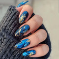 24Pcs Blue French Fake Nails  Glittering Almond Press on False Nails Gradient Flowers with Diamonds Detachable Manicure
