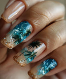 Summer Ocean Press on Nails with Coconut Tree Patterns Glitter