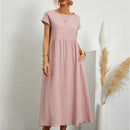 Women Short Sleeve Maxi Dresses Women O Neck Cotton Linen Long Dress Casual Loose Dress with Pocket