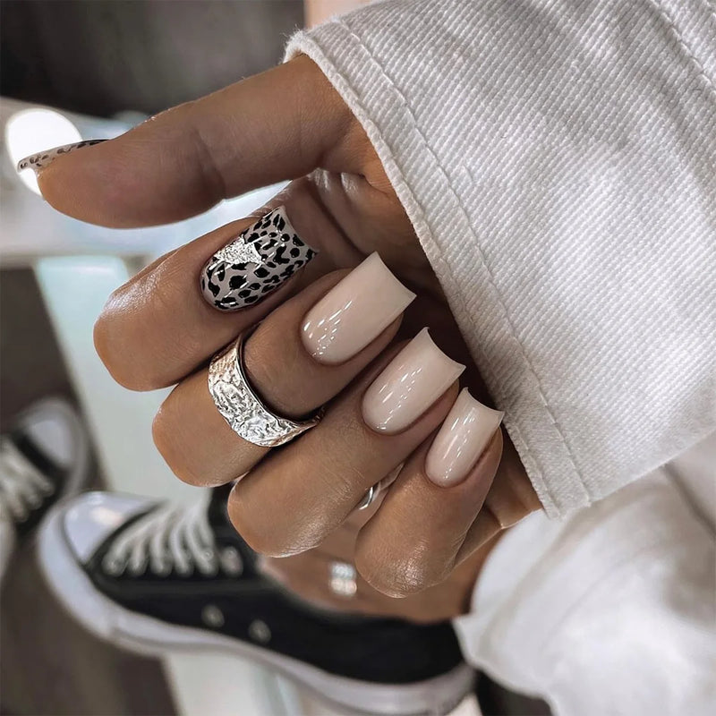 Leaves Nail Art Jade White Square Fake Nails Detachable Finished False Nails Press on Nails