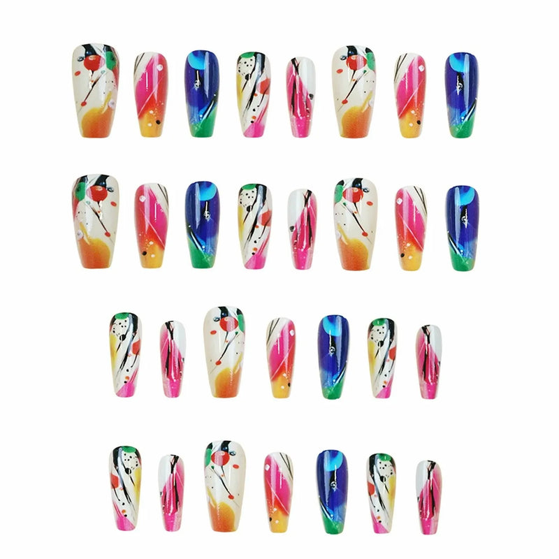 24pcs Nails Press On Nails Fashion Gradient False Nails with Graffiti Designs Long Ballerina Wearable
