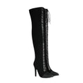 Black knee-high boots with high heel on a white background, featuring 'Obroi' branding.