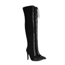 Black knee-high boots with high heel on a white background, featuring 'Obroi' branding.