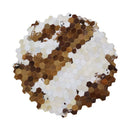 Round mosaic coaster with hexagonal pattern in brown and white on a white background, Obroi