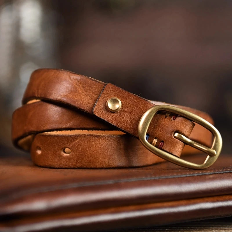 Retro Narrow Genuine Leather Women Belt Pure Copper Button Western Jeans Belt Women Belt
