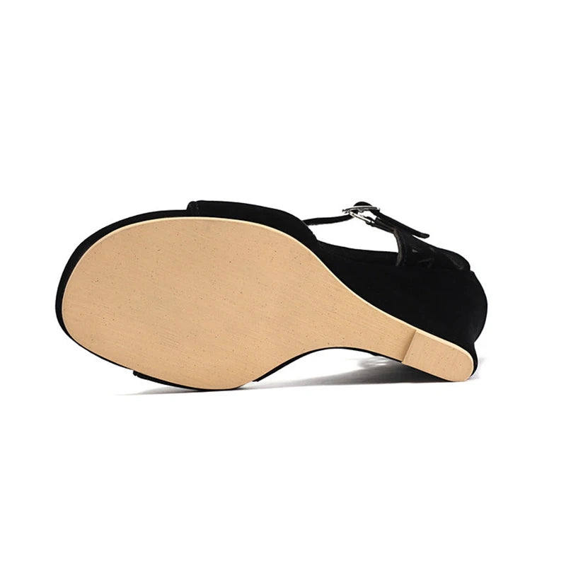 Women Sandals Buckles Suede Open Toe 10cm Wedge Heels