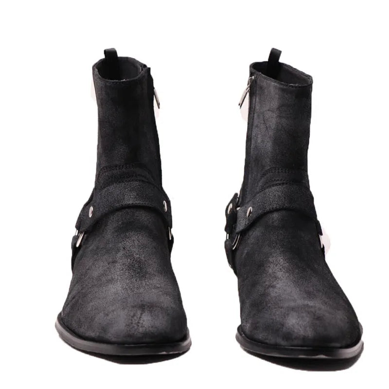 Leather Harness Buckle Men Ankle Boots Pointed Toe Wood Heel Man Chelsea Boots