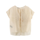 Women Cap Sleeves Raised Floral Embroidery Shirt Openings Lace Up Back Summer Blouse Tops