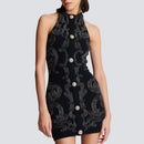 Jacquard Knit Mini Dress Women Gold Button Sleeveless Package Hip Dress