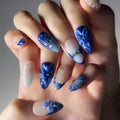 24PCS Pink Almond Press on Nails Full Cover Carved Flower Ripples French Nails for Women with Golden Pearl Wearable Nail