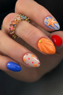 30pcs Summer Beach Starfish Seashell Press On Nails Blue Orange Polka Dot Striped Nail Short Almond Nail for Women