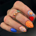30pcs Summer Beach Starfish Seashell Press On Nails Blue Orange Polka Dot Striped Nail Short Almond Nail for Women