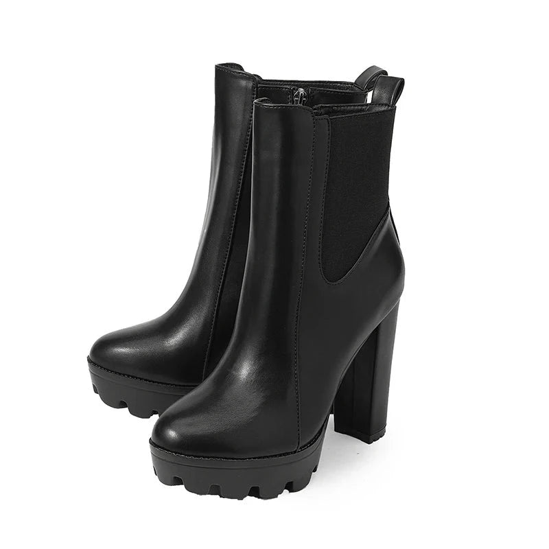 Ankle Boots for Women Elastic and Chunky Heel Round Toe Party Boots with Zipper