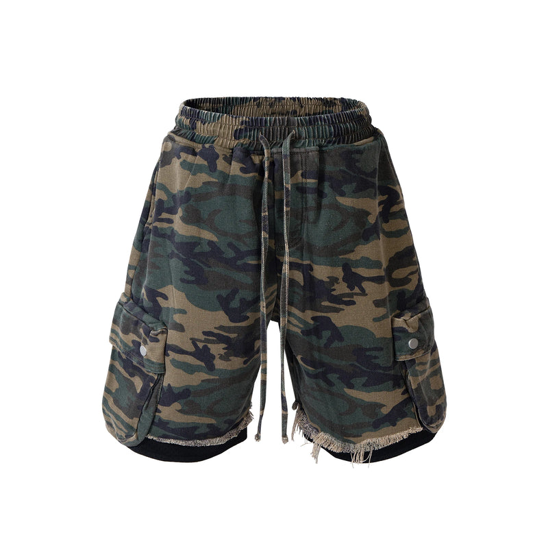Streetwear Camouflage Cargo Shorts for Men Wide Leg Elastic Waist Straight Summer Knee Length Pants Oversized