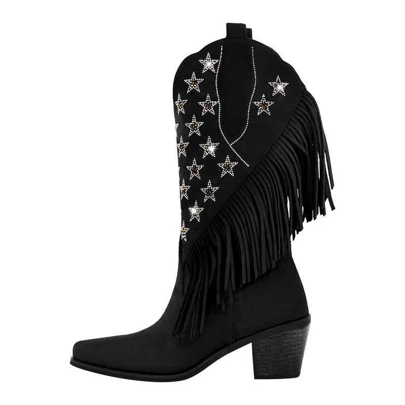 Women Pointed Toe Pull-on Knee High Fringe Cowgirl Boots Comfy Pull On Rhinestone Mid Calf Western Boots