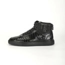 Black high-top sneaker with textured design on a white background, Obroi