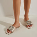 Open Toe Casual Flat Heels Women Slippers Crystal Square Buckle Slides Shoes