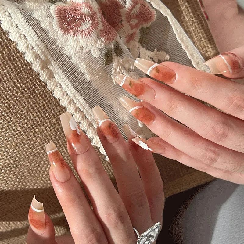 Rose Press on Nails Relief Coffin Acrylic False Nail Sweet Butterfly Pearl Fake Nails Pink Gradient Nail