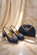 Dark Blue Platform Slingback Heels with Handbag Set Shiny Crystal Embellished Ladies Shoes Bag