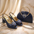 Dark Blue Platform Slingback Heels with Handbag Set Shiny Crystal Embellished Ladies Shoes Bag