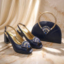 Dark Blue Platform Slingback Heels with Handbag Set Shiny Crystal Embellished Ladies Shoes Bag